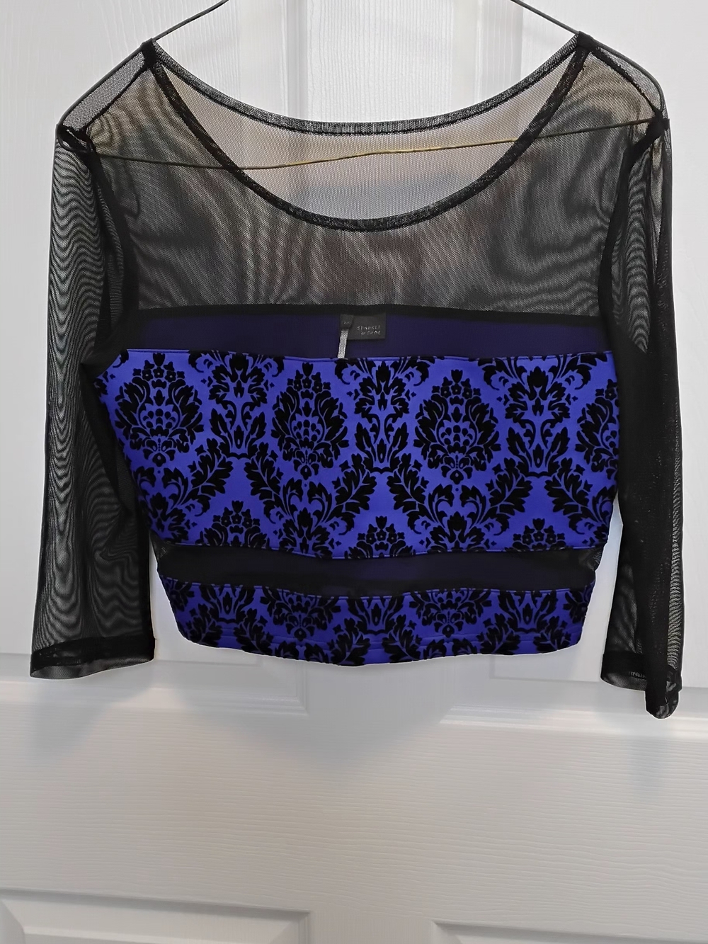 Sparkle & Fade Black Mesh CropWhimsical Goth Top with Royal Blue Flocked Damask